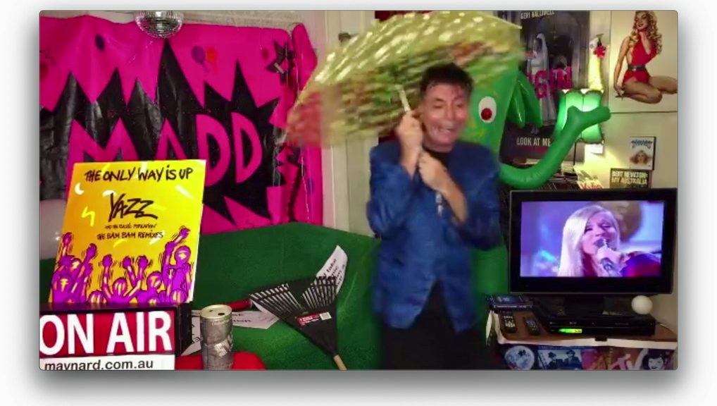 Maynard with umbrella on Madd Club livestream set