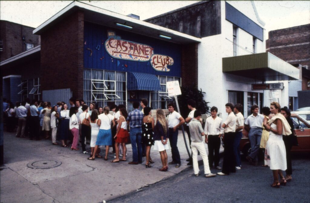 Audience outside original Castanet Club 1982