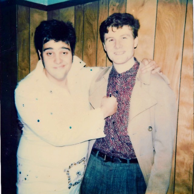 Mikey Robins as Elvis with Glenn Dormand in 80s photo by Maynard