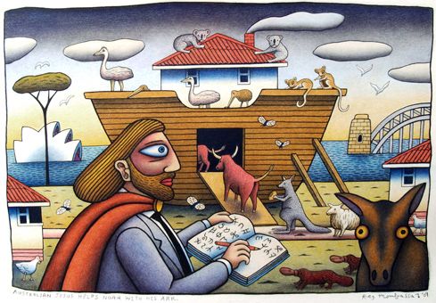 Reg Mombasa's painting Australian Jesus helps Noah with his Ark