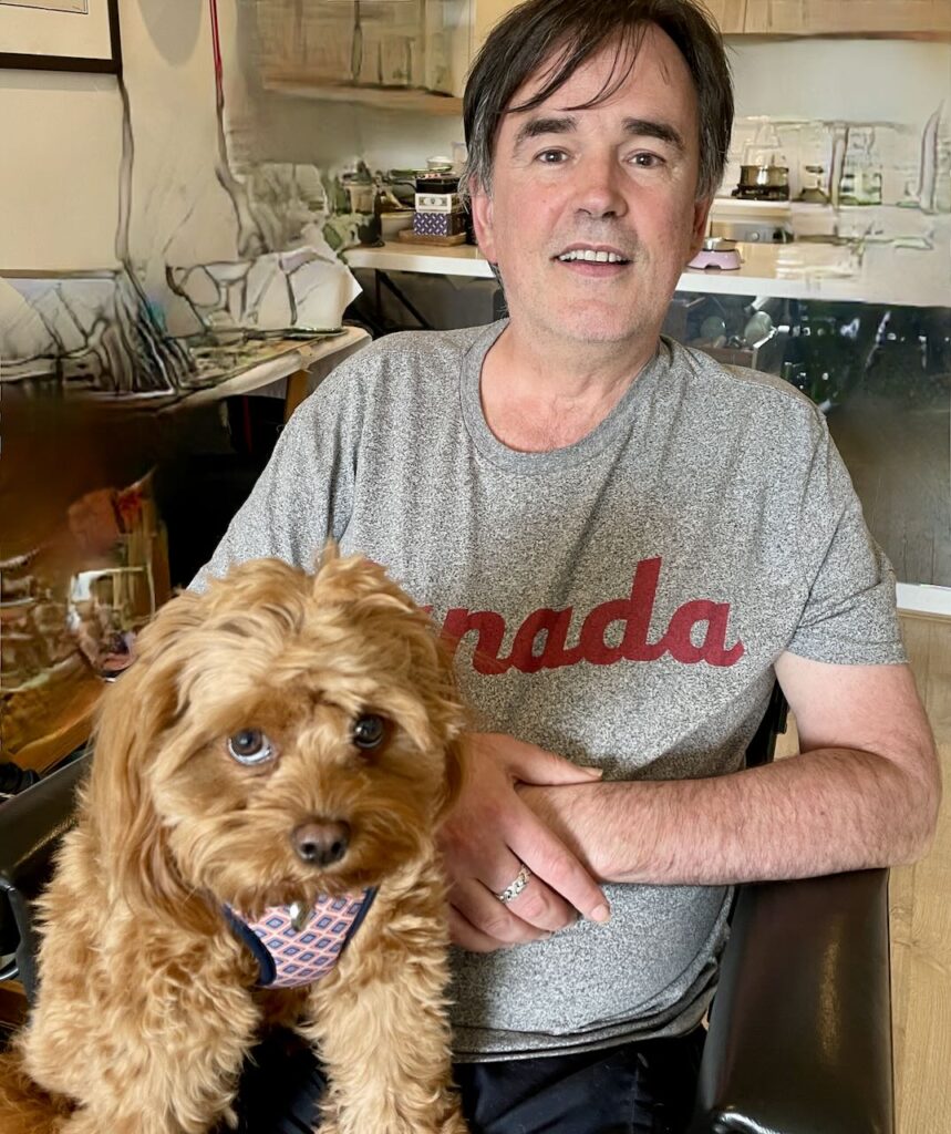 Tim Ferguson at home with Daphne the dachshund.