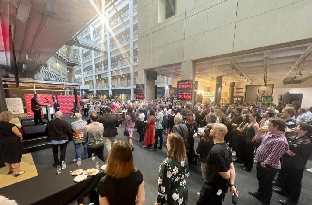 The expectant crowd at ABC Ultimo await a tight set of 15 minutes of comedy from the Prime Minister.