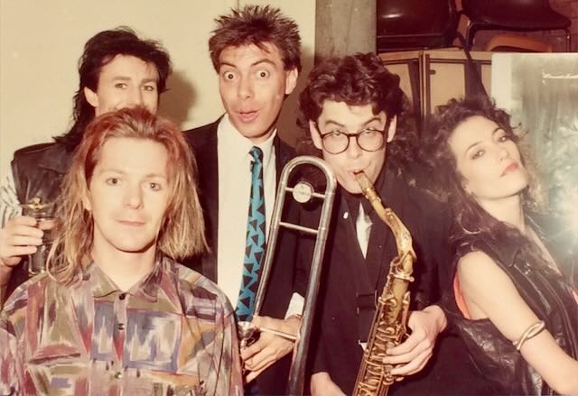 Photo of The Models backstage in Sydney 1985. James Freud, Maynard, James Valentine, Wendy Mathews, Roger Mason.
