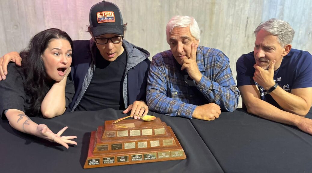 Cara Santa Maria with Jay Novella, Steve Novella & Bob Novella impressed by the Australian Bent Spoon award. Sydney July 2026