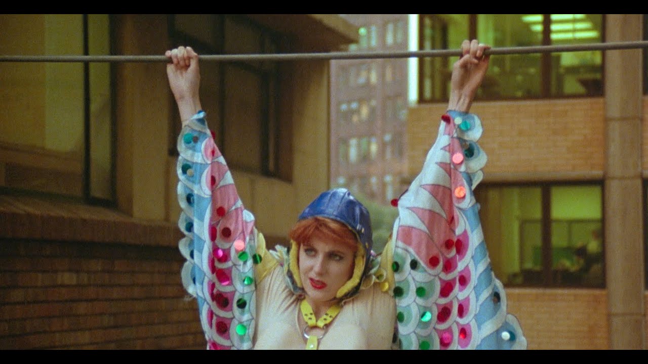 Jackie in mock peril during her high wire publicity stunt. Starstruck movie 1982